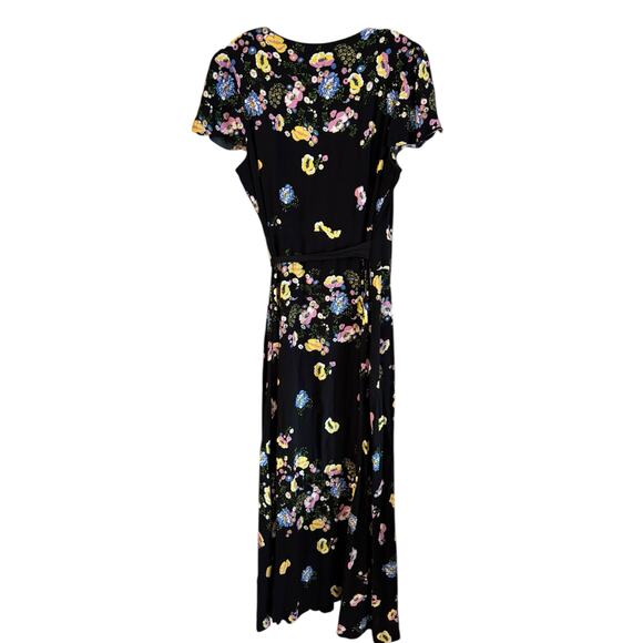 Free People Gorgeous Jess Floral Print Wrap Dress Black Maxi Large Short Sleeve - Picture 2 of 6